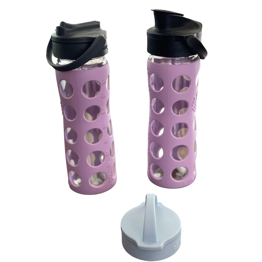 Lifefactory Glass Water Bottles 16oz Purple Silicone Sleeve + Extra Cap Set of 2
